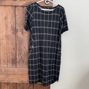 J. Jill Ponte Knit Black Plaid Dress Womens Medium Midi Button Detail Pockets
